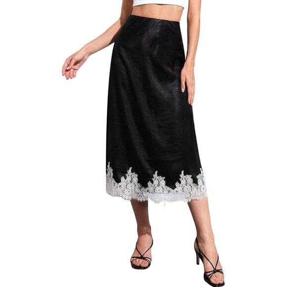 Women's Black Silk Satin Lace Trim Elegant Elastic Waistband A Line Midi Skirt
